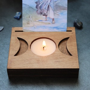 Tarot card holder stand with candle holder / Triple moon Goddess altar sacred space decor