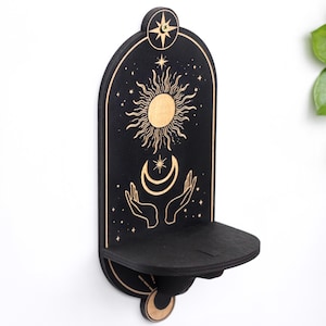 Celestial mushroom shelf pendulum holder, Mushroom decor Altar shelf crystal display Sun art no slots