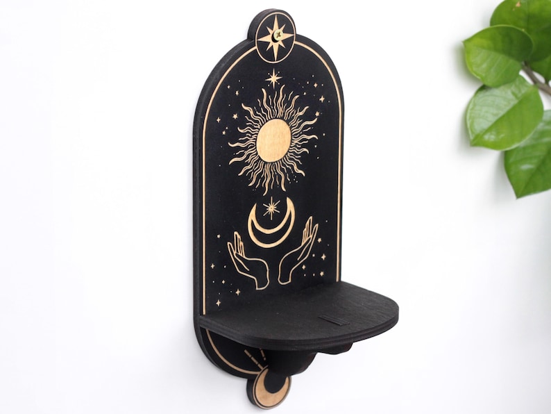 Celestial mushroom shelf pendulum holder, Mushroom decor Altar shelf crystal display Sun art no slots
