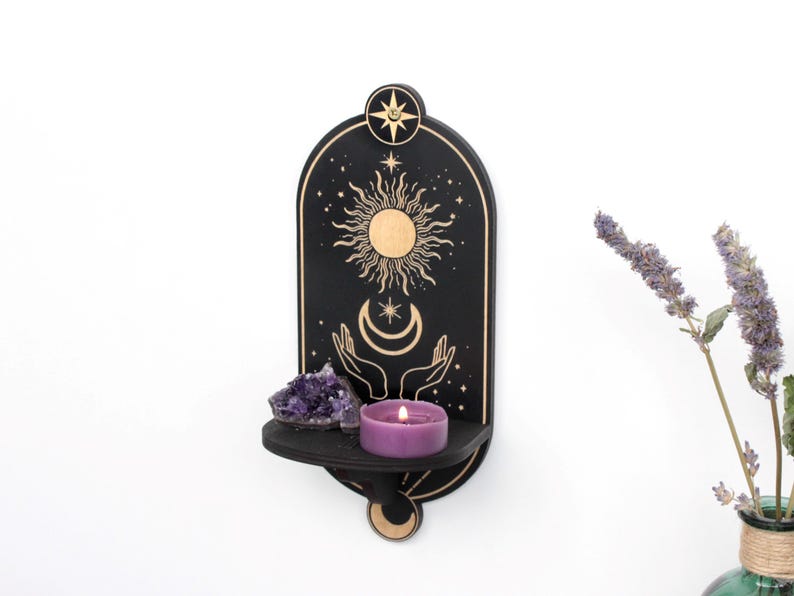 Celestial mushroom shelf pendulum holder, Mushroom decor Altar shelf crystal display image 13