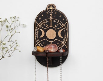 Pendulum stand wall hanging with moon phases Mini crystal shelf for selenite / charging crystal