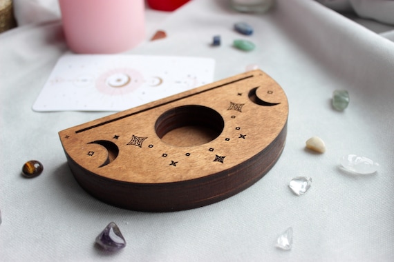 Tarot card holder moon phases. Tarot / Oracle / affirmation card stand with tealight candle holder / crystal display
