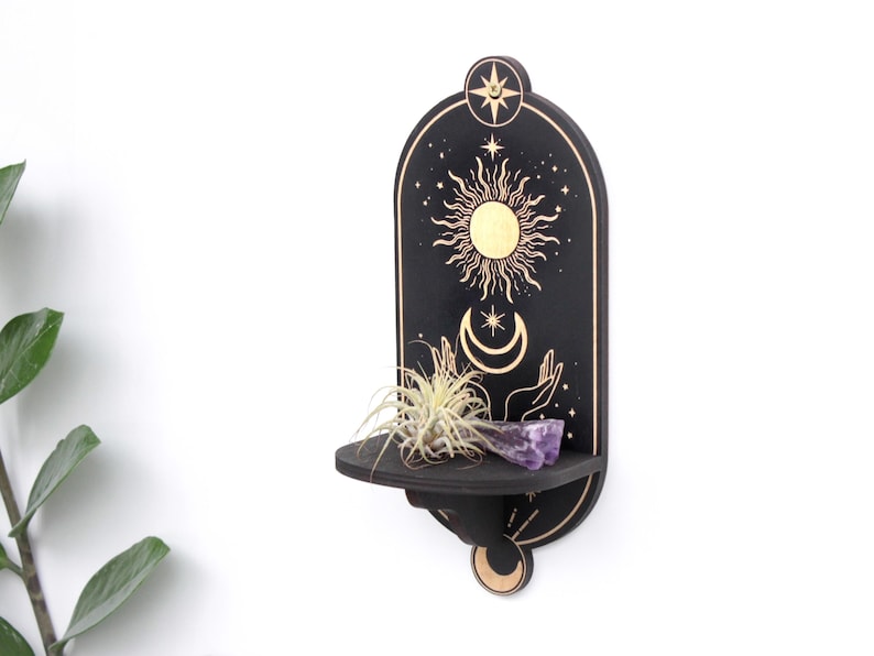 Celestial mushroom shelf pendulum holder, Mushroom decor Altar shelf crystal display image 14
