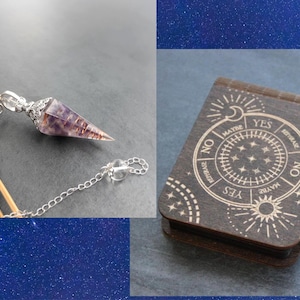 Kit de radiestesia con péndulo y tablero, con estuche para el péndulo y caja de regalo. Listo para regalar, ideal para el Día de la Madre. Box+AmethystSilver