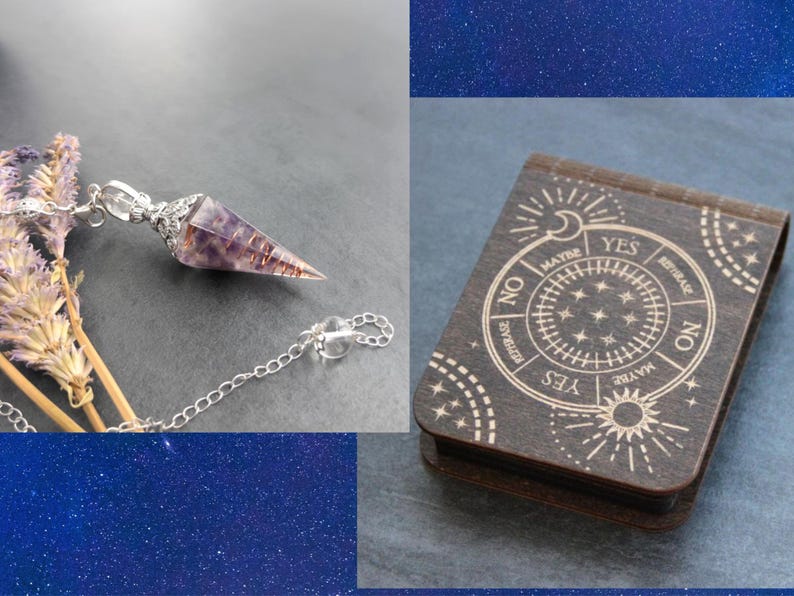 Kit de radiestesia con péndulo y tablero, con estuche para el péndulo y caja de regalo. Listo para regalar, ideal para el Día de la Madre. Box+AmethystSilver
