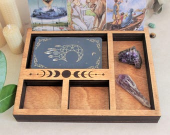 Tarot deck and crystal storage altar box Wiccan trinket box moon phases decor