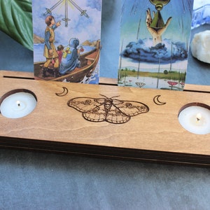 Luna moth tarot card stand three cards holder display. Tarot stand with tealights holder