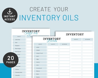 May include: Printable inventory tracker for essential oils. The sheet is divided into two sections: single oils and blends. Each section has columns for product name, quantity, and best before date.