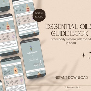 Könnte beinhalten: Ein digitales Produkt-Guidebuch für ätherische Öle. Das Cover zeigt einen Telefonbildschirm, auf dem eine Seite mit dem Titel "Körpersysteme und ätherische Öle" mit einer Illustration des endokrinen Systems angezeigt wird. Der Text "Ätherische Öle Guidebuch" ist in großen, fetten Buchstaben mit dem Slogan "Jedes Körpersystem mit dem benötigten Öl" dargestellt. Der Text "Sofortiger Download" ist in großen, fetten Buchstaben unter dem Slogan dargestellt. Der Text "DoBusinessTools" ist in kleineren Buchstaben unter dem Text "Sofortiger Download" dargestellt.