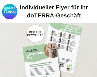 May include: A flyer for doTERRA essential oils, featuring a list of the most commonly used oils, a QR code, and information about the benefits of using essential oils. The flyer is green and white with a photo of a hand holding a bottle of essential oil.