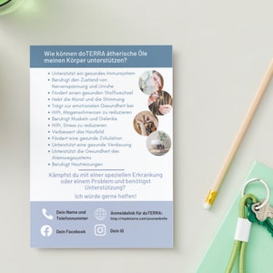 May include: A blue and white flyer with the text "Wie k&ouml;nnen doTERRA &auml;therische &Ouml;le meinen K&ouml;rper unterst&uuml;tzen?" and a list of benefits of using essential oils. The flyer also includes a link to the company's website and social media pages.