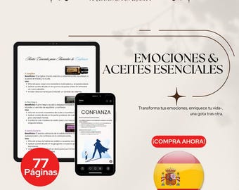 May include: A digital guide with the title "Emociones & Aceites Esenciales" and the text "Transforma tus emociones, enriquece tu vida - una gota tras otra."  The guide is 77 pages long and features a woman in a superhero costume. The guide is available for purchase.