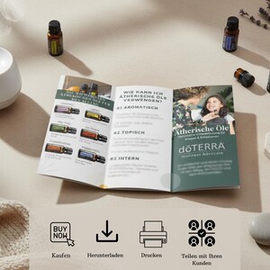 May include: Aromatherapy essentials arranged on a beige surface. The image features a white essential oil diffuser, essential oil bottles, a brochure with text, a lemon slice, and a sprig of lavender. The brochure's text includes "Atherische &Ouml;le" and "dōTERRA".