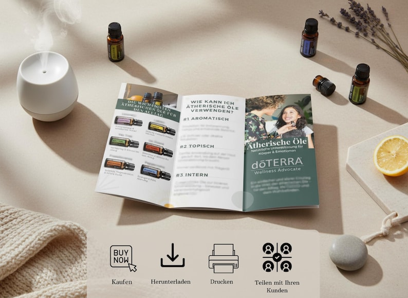 May include: Aromatherapy essentials arranged on a beige surface. The image features a white essential oil diffuser, essential oil bottles, a brochure with text, a lemon slice, and a sprig of lavender. The brochure's text includes "Atherische &Ouml;le" and "dōTERRA".