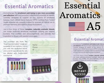 May include: Flyer for Essential Aromatics, a collection of essential oil blends designed to support emotional well-being. The flyer features a US flag, a download icon, and a photo of a set of essential oil bottles in a purple box. The text on the flyer reads "Essential Aromatics" and "A5".