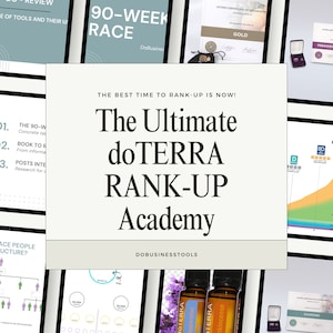 Könnte beinhalten: Eine Collage von Bildern, die für eine doTERRA Rank-Up Academy werben. Der Text "The Ultimate doTERRA Rank-Up Academy" wird in großer Schrift angezeigt. Der Text "The Best Time to Rank-Up is Now!" wird in kleinerer Schrift angezeigt. Der Text "DoBusinessTools" wird in kleinerer Schrift angezeigt. Die Bilder zeigen ein Zertifikat über den Aufstieg, ein Diagramm und eine Flasche ätherisches Öl.
