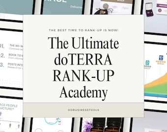 May include: A collage of images promoting a doTERRA Rank-Up Academy. The text "The Ultimate doTERRA Rank-Up Academy" is displayed in a large font. The text "The Best Time to Rank-Up is Now!" is displayed in a smaller font. The text "DoBusinessTools" is displayed in a smaller font. The images include a certificate of advancement, a chart, and a bottle of essential oil.