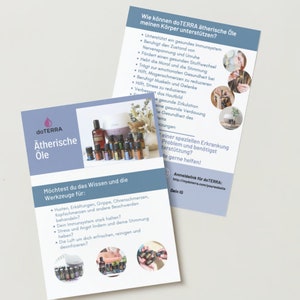 May include: A blue and white brochure with the text "doTERRA &Auml;therische &Ouml;le" and a picture of essential oil bottles. The brochure describes the benefits of using essential oils and includes a link to the company's website.