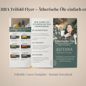 May include: A trifold flyer for doTERRA essential oils, featuring images of oil bottles and usage instructions. The flyer includes text in German, with sections on aromatic, topical, and internal uses, and a photo of a woman and a girl.