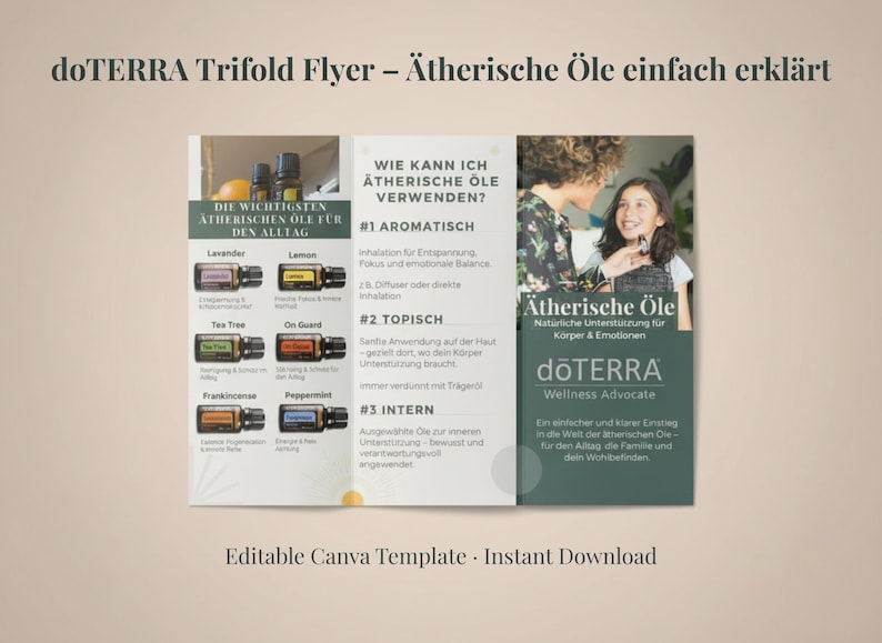 May include: A trifold flyer for doTERRA essential oils, featuring images of oil bottles and usage instructions. The flyer includes text in German, with sections on aromatic, topical, and internal uses, and a photo of a woman and a girl.