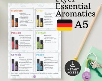 May include: A flyer for essential aromatics, featuring a German flag and a download icon. The flyer is divided into sections with titles like "Motivate", "Cheer", "Passion", "Forgive", "Console", and "Peace". Each section includes a description of the benefits of using essential oils for different emotional states.
