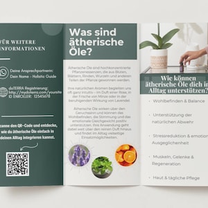 May include: A brochure with text and images about essential oils. The brochure is open, displaying information about the oils, their benefits, and how to use them. The brochure includes a QR code and website address.