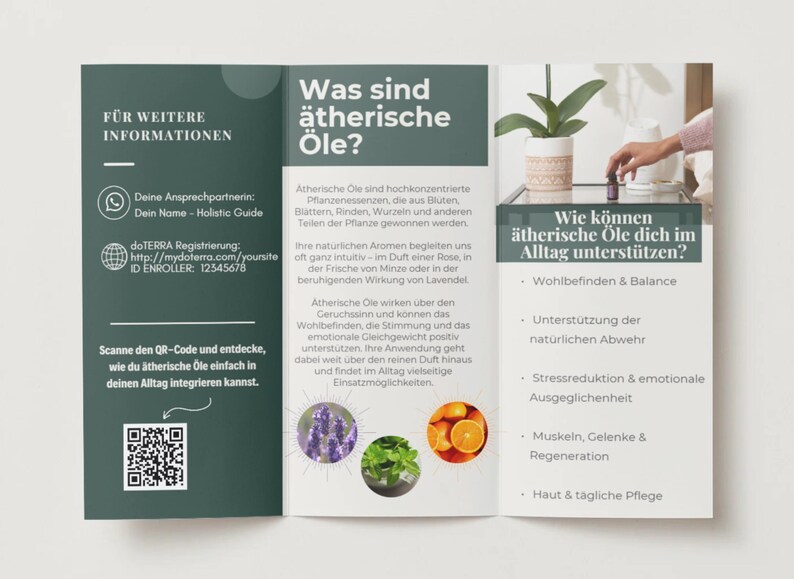 May include: A brochure with text and images about essential oils. The brochure is open, displaying information about the oils, their benefits, and how to use them. The brochure includes a QR code and website address.