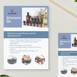 May include: A blue and white flyer with the text "doTERRA &Auml;therische &Ouml;le" and a picture of essential oil bottles. The flyer lists the benefits of using essential oils, including boosting the immune system, relieving stress, and purifying the air.