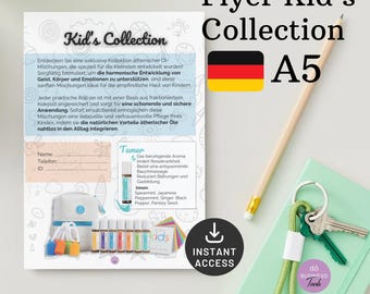 May include: Flyer for Kid's Collection of essential oil blends. The flyer features a German flag, a roll-on bottle, and a small bag. The text on the flyer reads "Kid's Collection" and "Instant Access".