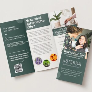 May include: A brochure with the text "Was sind &auml;therische &Ouml;le?" and "Atherische &Ouml;le" in German. The brochure is dark green and white, with images of essential oils and a woman and child. The brochure also has a QR code.