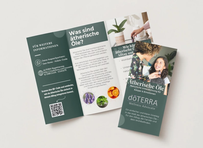 May include: A brochure with the text "Was sind &auml;therische &Ouml;le?" and "Atherische &Ouml;le" in German. The brochure is dark green and white, with images of essential oils and a woman and child. The brochure also has a QR code.