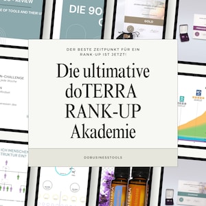 Könnte beinhalten: Eine Collage von Bildern, die für eine doTERRA Rank-Up Akademie werben. Der Text lautet "Die ultimative doTERRA Rank-Up Akademie" und "Der beste Zeitpunkt für einen Aufstieg ist jetzt!" Die Bilder zeigen ein Leistungszertifikat, ein Diagramm, das den Rangfortschritt zeigt, und ätherische Ölflaschen.