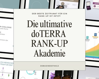May include: A collage of images promoting a doTERRA Rank-Up Academy. The text reads "The ultimate doTERRA Rank-Up Academy" and "The best time for a rank-up is now!"  The images include a certificate of achievement, a chart showing rank progression, and essential oil bottles.