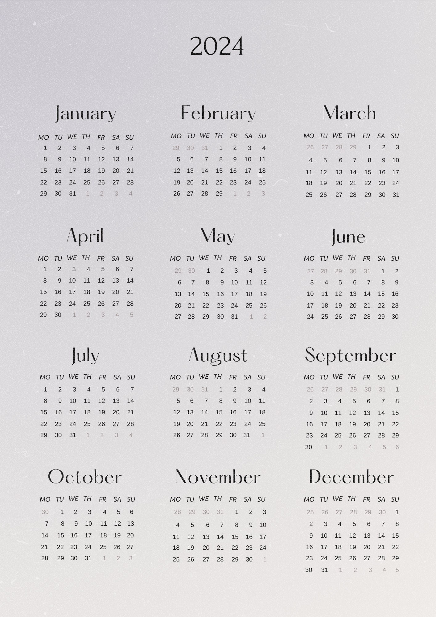Printable Calendar 2024 Landscape & Portrait Minimalist Calendar Women