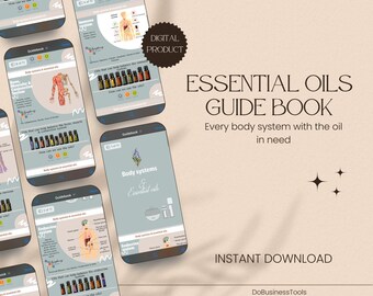 May include: A digital guidebook for essential oils, showing different body systems and the oils that can help balance them. The guidebook is available for instant download. The text on the cover reads "Essential Oils Guide Book" and "Every body system with the oil in need".