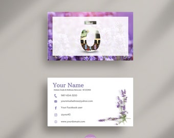 May include: A business card with a lavender background and a white overlay featuring the letter "O" filled with essential oil bottles. The card includes the text "Your Name", "Holistic Guide & Wellness Advocate", a phone number, email address, social media handles, and a website address. The card also includes the text "dōTERRA Business Tools".