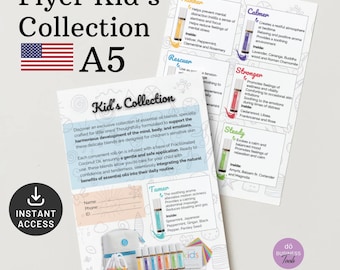 May include: Flyer advertising a collection of essential oil blends for children. The flyer features a colorful illustration of essential oil bottles and a kid's collection logo. The flyer includes a list of blends with descriptions and benefits. The text on the flyer reads "Kid's Collection" and "Discover an exclusive collection of essential oil blends, specially crafted for little ones! Thoughtfully formulated to support the harmonious development of the mind, body, and emotions. These delicate blends are designed for children's sensitive skin."