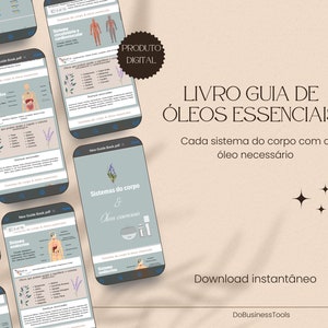 May include: A digital product guide for essential oils, featuring a colourful illustration of the human body and a list of oils for each system. The text reads "Livro Guia de Óleos Essenciais" and "Cada sistema do corpo com o óleo necessário".