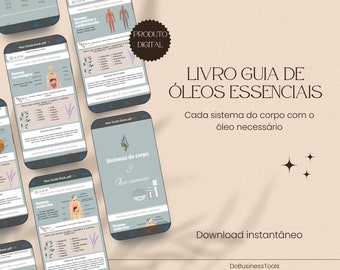 May include: A digital product guide for essential oils, featuring a colorful illustration of the human body and a list of oils for each system. The text reads "Livro Guia de Óleos Essenciais" and "Cada sistema do corpo com o óleo necessário".