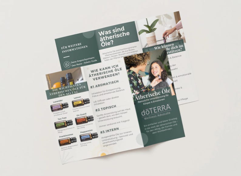 May include: A brochure with the text "Was sind &auml;therische &Ouml;le?" and "Wie kann ich &auml;therische &Ouml;le verwenden?" is displayed. The brochure features images of essential oil bottles and people. The dōTERRA logo is visible.