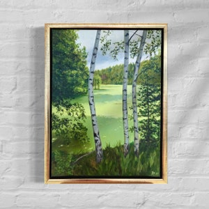 Original landscape oil painting with water and trees, painting on canvas with frame