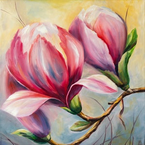Peinture à l&#39;huile originale de nature morte avec des fleurs de magnolia, peinture à l&#39;huile de fleurs, art floral moderne