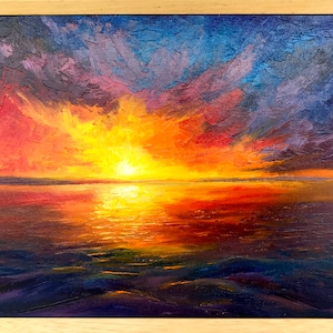 Unique art original landscape oil painting with sunset on the sea impasto style heavy texture made to order