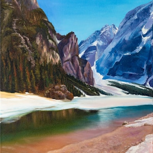 Original Oil Painting Landscape with Lake and Mountains. Unique Art Oil Painting of Lake Braies in Italy, surrounded by Dolomites Mountains