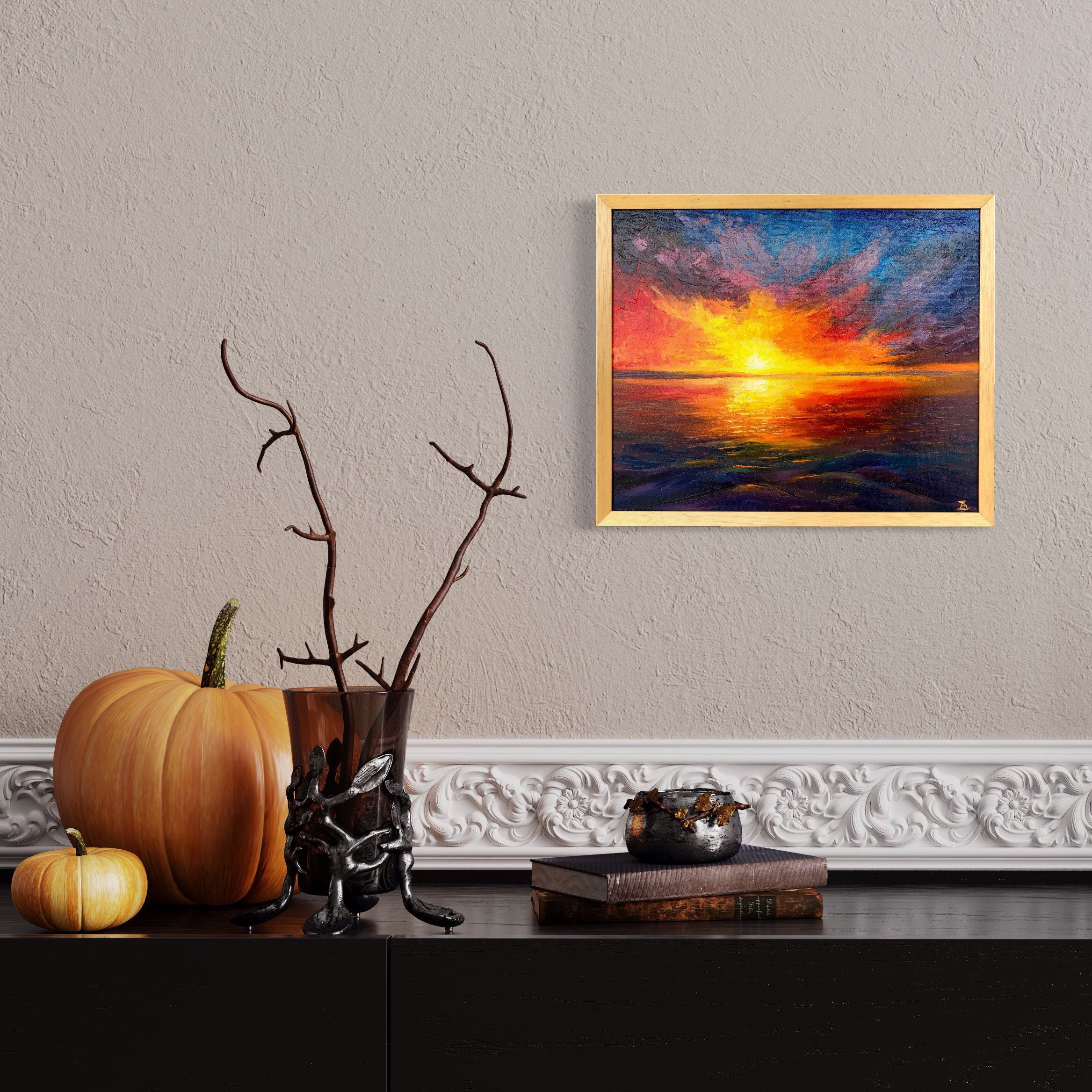 Unique Art Original Landscape Oil Painting With Sunset on the Sea ...