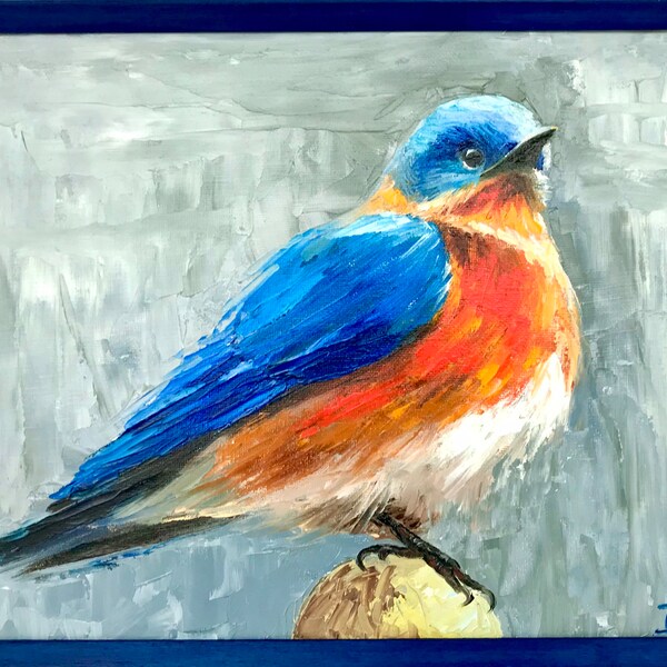 Unikat Vogel Kunst kleine Bluebird Robin original Ölgemälde fertig zum Aufhängen