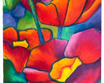 Original Oil Pastel Drawing Flowers A4 Red Orange Floral Art Modern Colorful Wall Art Expressionist Artwork Irina Biunger