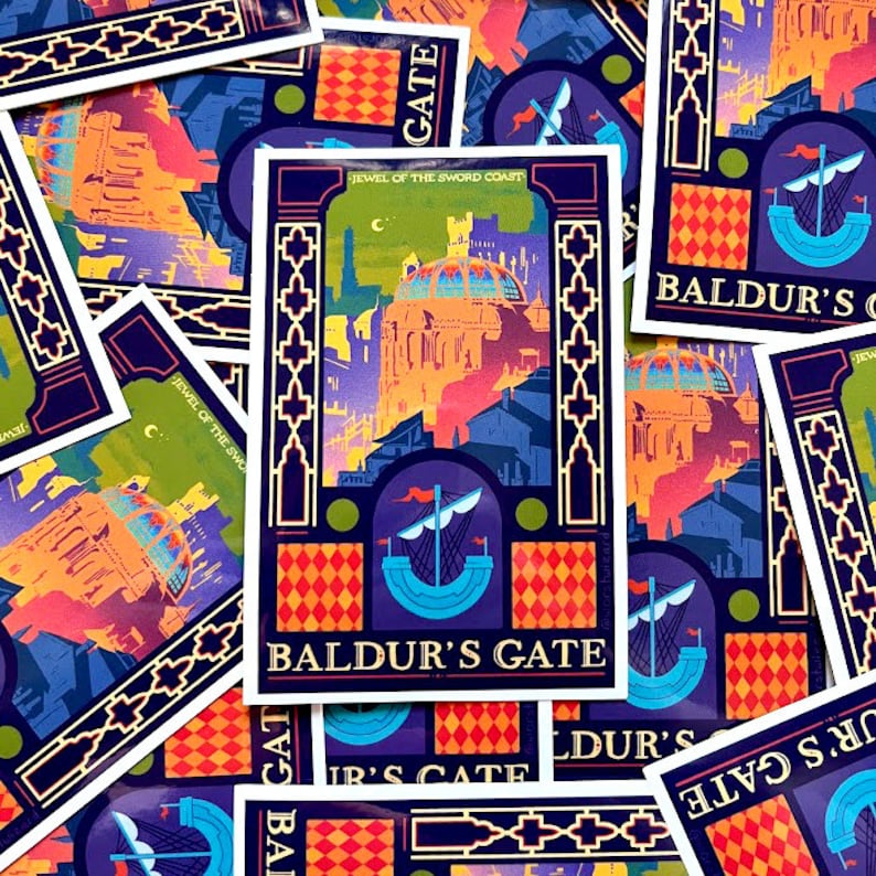 May include: A stack of colorful stickers featuring a fantasy city skyline with a domed building and the text "JEWEL OF THE SWORD COAST" and "BALDUR'S GATE".