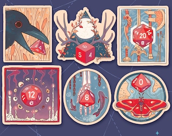 Paquete de pegatinas de dados de aventura: dados poliédricos para TTRPG, D20, D6, D4, D8, D10 y D12