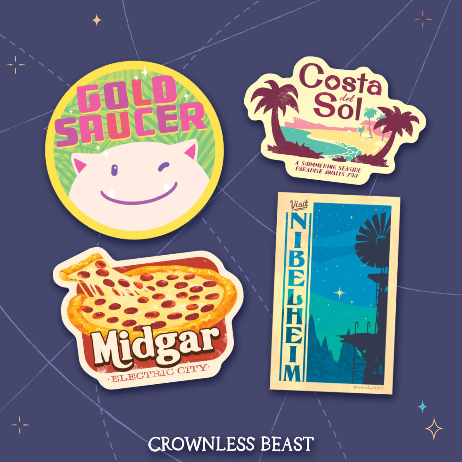Final Fantasy VII Travel Sticker Pack | Nibelheim, Midgar, Costa Del Sol, Gold Saucer